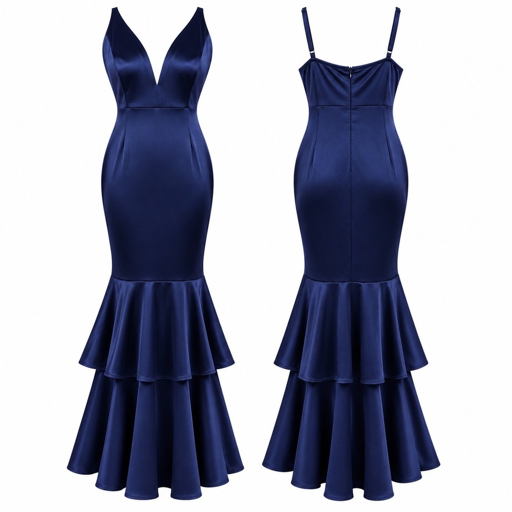 Formal Satin Evening Gown Tiered Maxi Full Length M Navy Blue Gala Prom Wedding